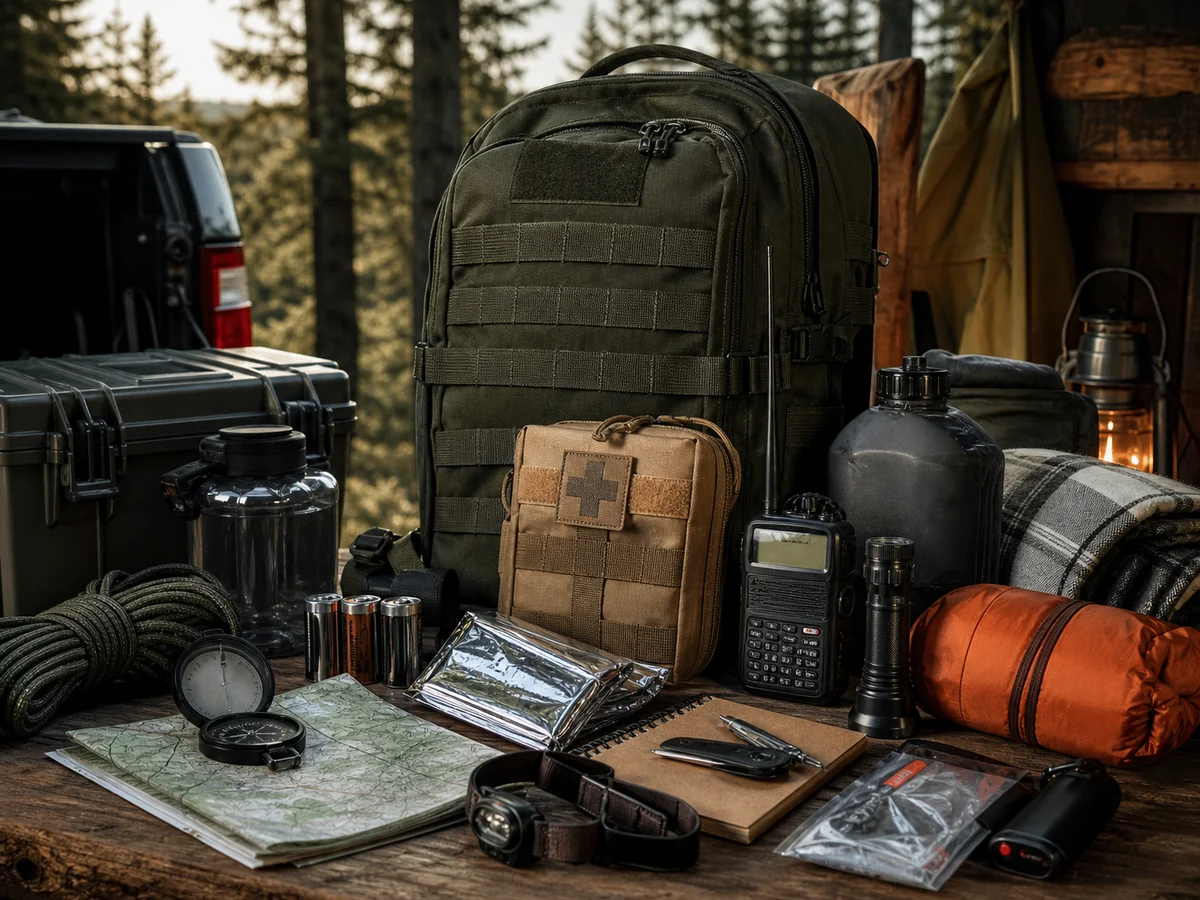 Emergency preparedness kit with backpack first aid map radio and flashlight