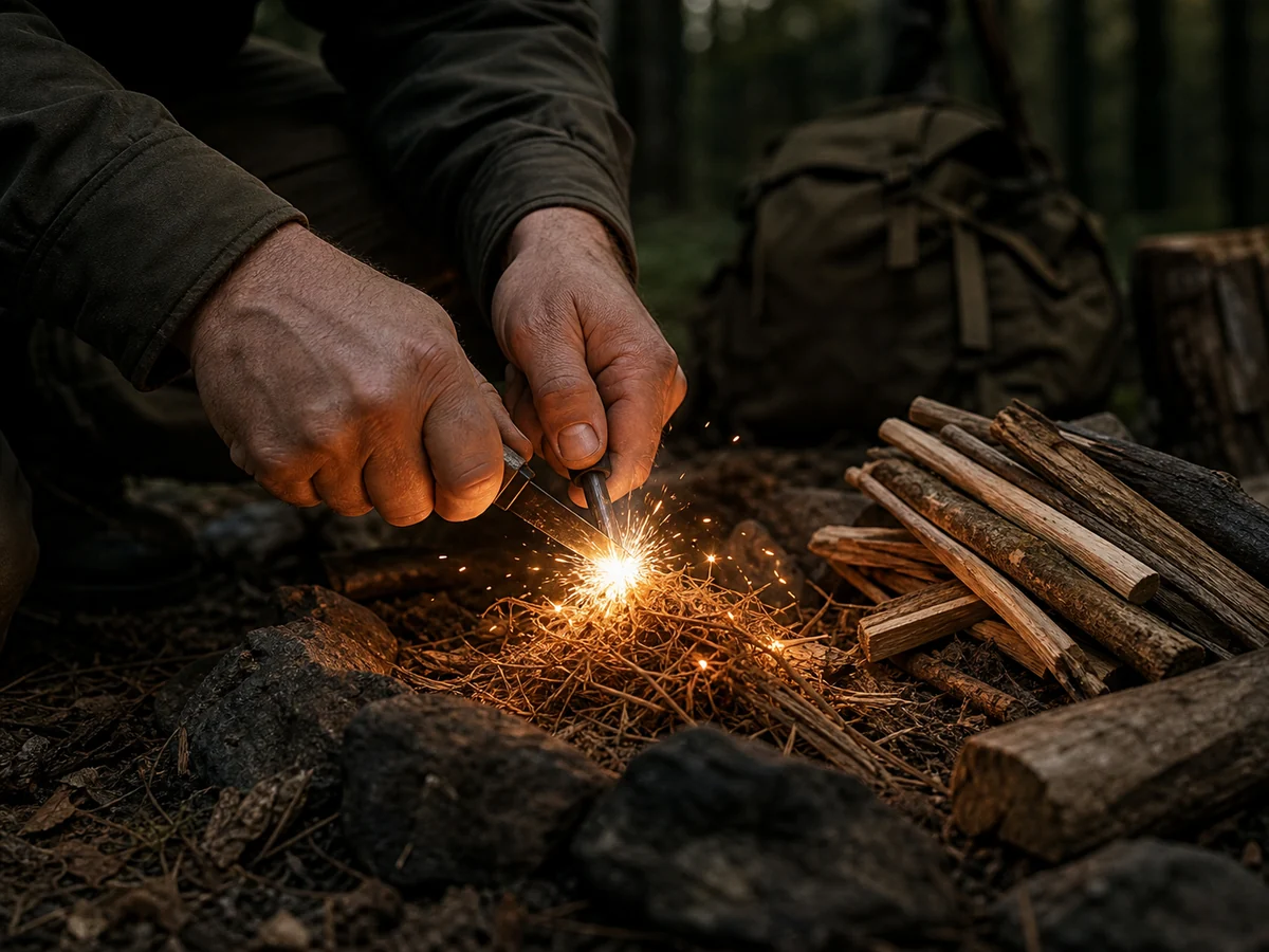 Hands using a ferro rod to start a safe campfire tinder bundle