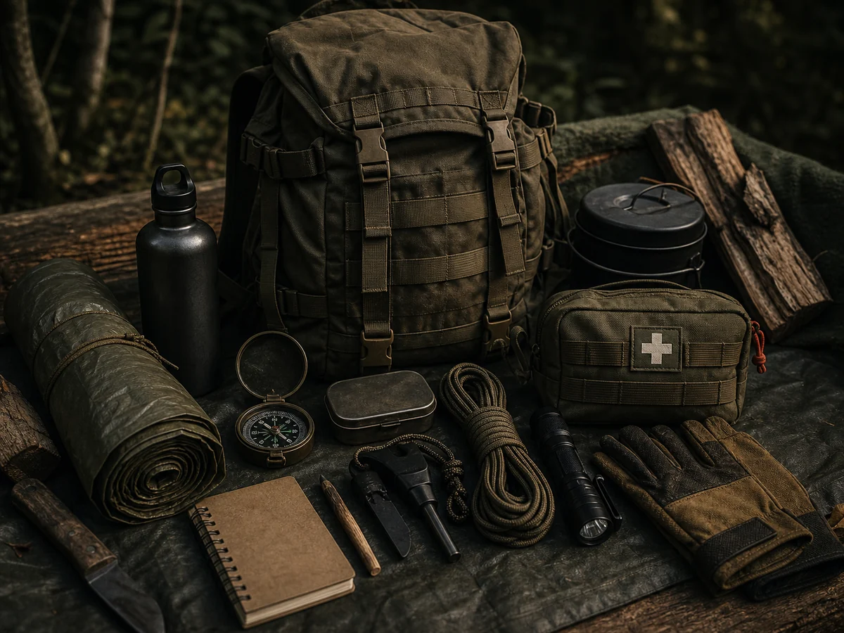 Organized bushcraft and survival gear laid out at a forest camp