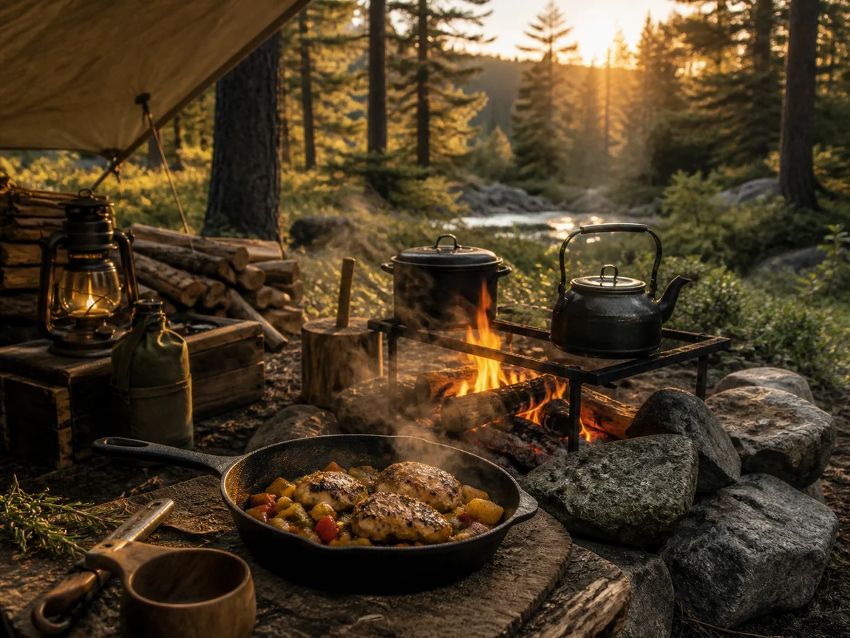 Cast iron camp meal cooking beside a controlled outdoor fire